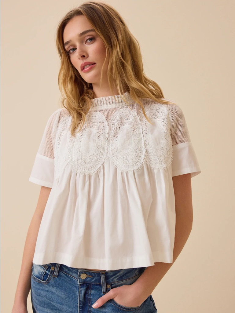 Altar’d State Klemmis White Crochet Lace Panel Short-Sleeve Babydoll Top Xxs